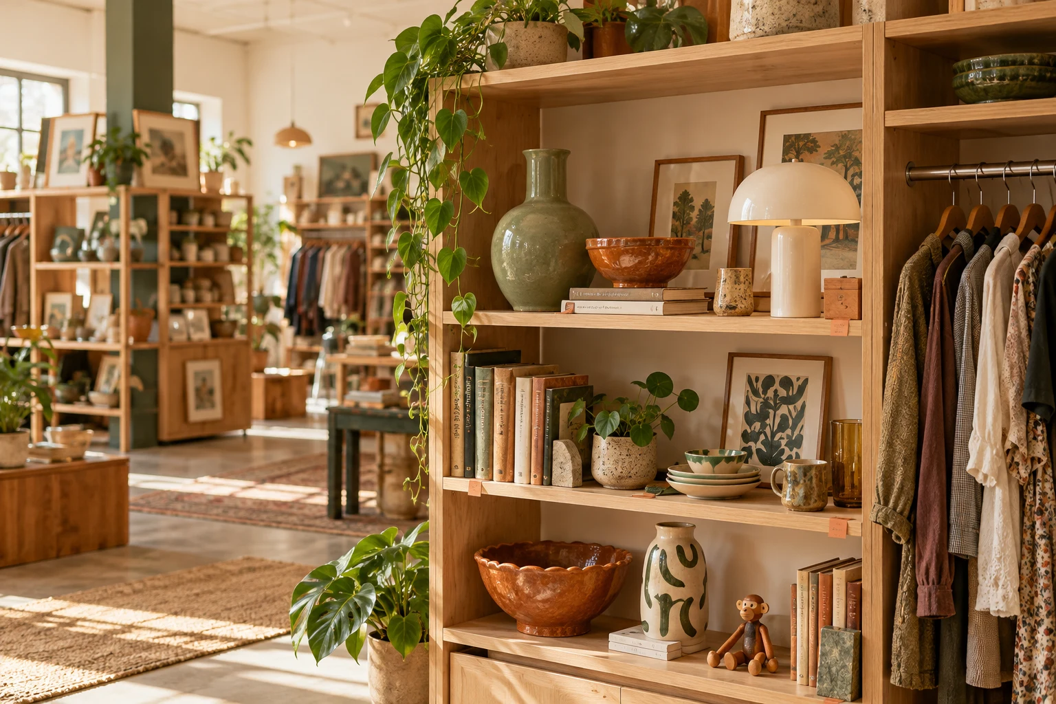 Sfeerbeeld van een lichte REKKA-winkel met houten rekken, keramiek, boeken en vintage spullen